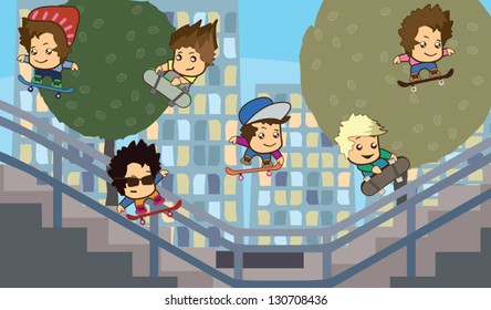 six skaters doing tricks on the background of the city