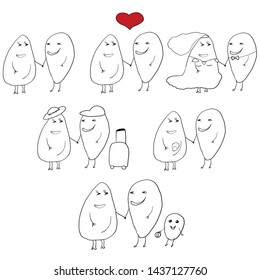 Six skeches about happy relationships. Romantic story. Avocado lovers. Vector illustration. 