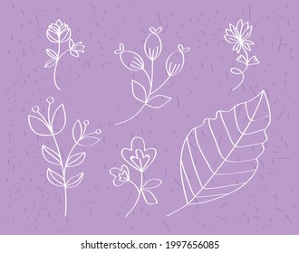 six sketch flowers set icons