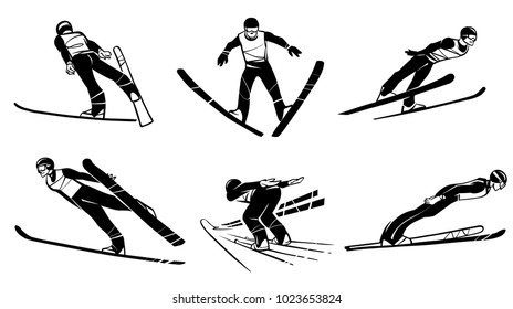 Six skiers. Ski jumping. Hand drawn illustration.