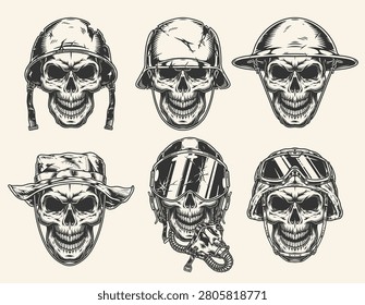 Six skull designs featuring various military helmets and hats are arranged on a light background. Each skull has a distinct expression and style reflecting military themes and culture.
