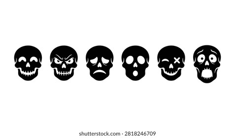 Six Skull Silhouettes Displaying Varying Expressions On A White Background skulls cranium
