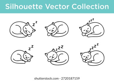 Seis siluetas de gato dormido aisladas sobre fondo blanco