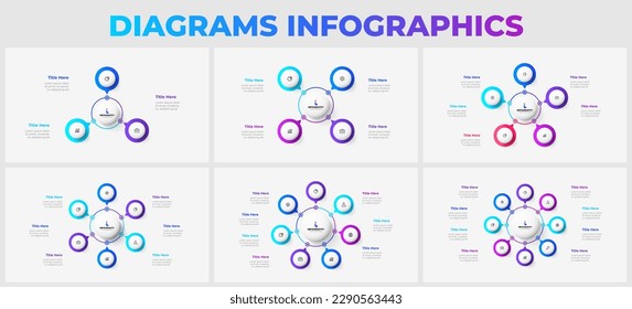 Six slides for business presentation. Cycle infographics with 3, 4, 5, 6, 7 and 8 segments