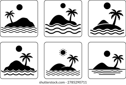 Six small black and white vector icon designs of tropical islands with palm trees and sun over wavy ocean water