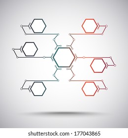 six small hexagonal cells are attached to one big. gradient red-green. vector graphics