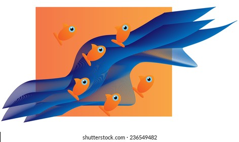 Six small orange fishes  on blue and orange background