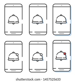 Six smartphone icons in simple line style with bell symbol. Outline cell phone vector for website and app. Ring or notification.