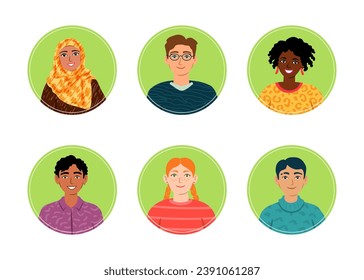 Six smiling young people of various nationalities. Cartoon avatars. Simple portraits