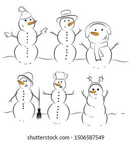 Six snowmen in different clothes with carrot noses. Snowmen in funny hats.