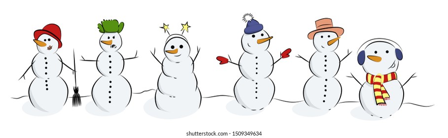 Six snowmen in different clothes with carrot noses. Snowmen in funny hats.