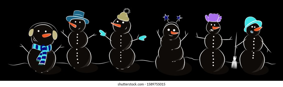 Six snowmen in different clothes with carrot noses. Snowmen in funny hats.