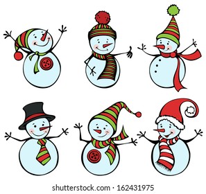 Six snowmen isolated on white background. Cute snowmen for your festive design. EPS 8.