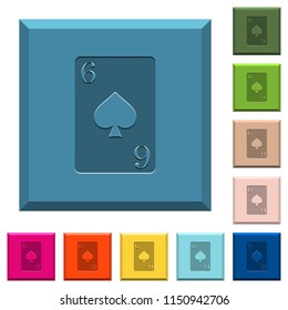 Six of spades card engraved icons on edged square buttons in various trendy colors