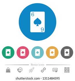 Six of spades card flat white icons on round color backgrounds. 6 bonus icons included.