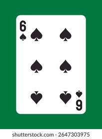 Six of spades playing card with black spade symbols and bold numbers on white background, placed over green backdrop. Concept of gambling and card games. Vector illustration