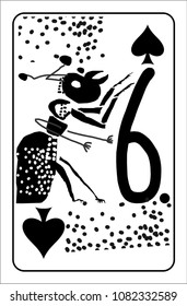 six of spades. Stylized Vector Vintage and comic style playing card with number, ant and dots.  