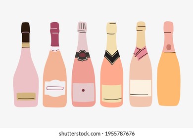 Six sparkly wine bottles. Rose wine vector set. Empty labels for text. Flat and line trendy design.