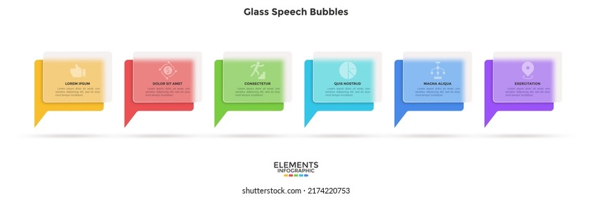 Six speech bubbles behind translucent rectangular elements placed in horizontal row. Concept of 6 features of clear speaking. Minimal infographic design template. Modern flat vector illustration.