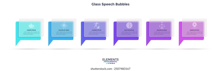 Six speech bubbles behind translucent rectangular elements placed in horizontal row. Concept of 6 features of clear speaking. Minimal infographic design template. Modern flat vector illustration.