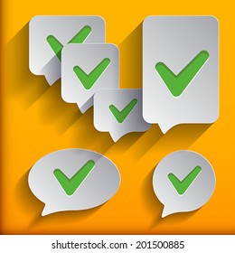 Six speech bubbles set with V-icon.  Vector Illustration. 