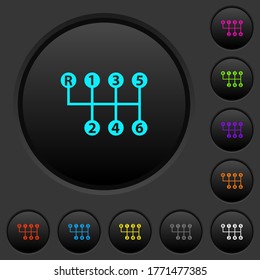 Six speed manual gear shift dark push buttons with vivid color icons on dark grey background