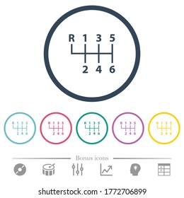 Seis velocidades manual de cambio de engranajes, iconos de color plano en contornos redondos. 6 iconos de bonificación incluidos.