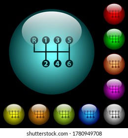 Six speed manual gear shift icons in color illuminated spherical glass buttons on black background. Can be used to black or dark templates