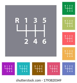 Six speed manual gear shift flat icons on simple color square backgrounds