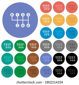 Six speed manual gear shift multi colored flat icons on round backgrounds. Included white, light and dark icon variations for hover and active status effects, and bonus shades.