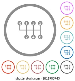 Seis velocidades desplazamiento manual del engranaje iconos de color plano en los contornos redondos sobre fondo blanco