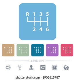 Six speed manual gear shift white flat icons on color rounded square backgrounds. 6 bonus icons included