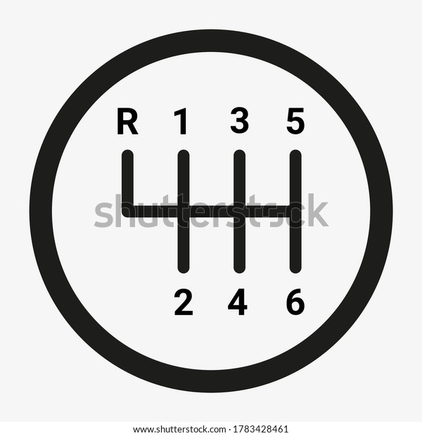 Six speed manual gear\
shift icon. Six gear manual transmission shift vector symbol.\
Automotive parts.