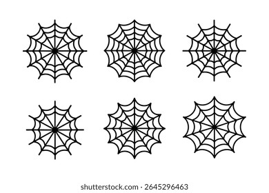 Six spiderweb icons in a minimalist style, isolated on white. Halloween, vector illustration, spooky, arachnid, web, danger, insect, scary.