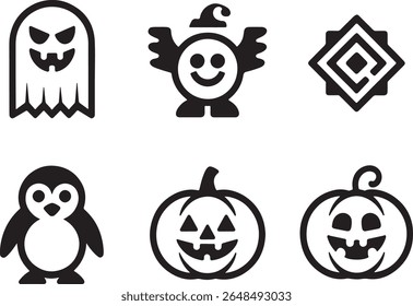 Six Spooky and Fun Black and White Halloween Icons Featuring a Ghost, Witch, Pumpkin, and a Penguin