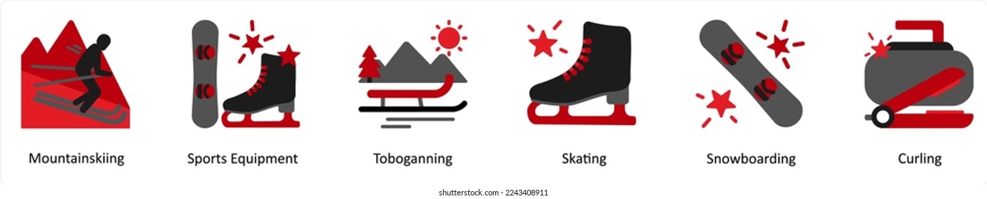 Six Sports Red and Black icons as mountainskiing, sports equipment, toboganning