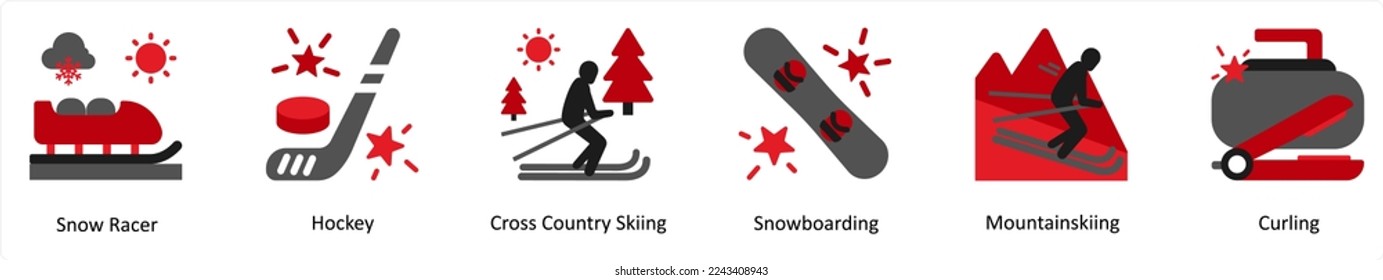 Six Sports Red and Black icons as snow racer, hockey, cross country skiing