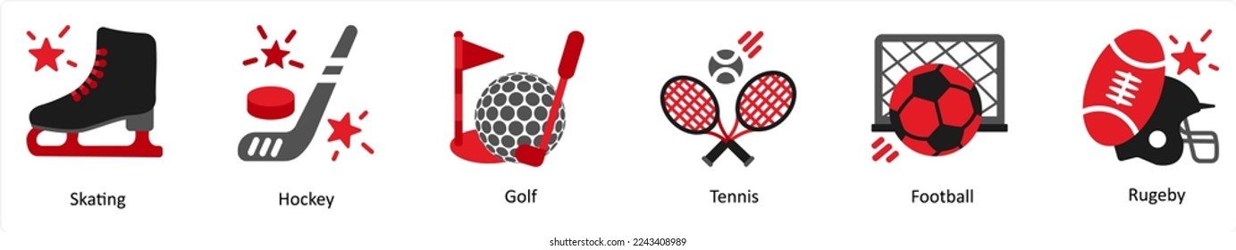 Six Sports Red and Black icons as sakting, hockey, golf