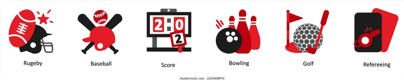 Six Sports Red and Black icons as rugeby, baseball, score