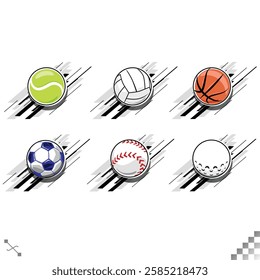 six sports balls—tennis, volleyball, basketball, soccer, baseball, softball, and golf ball—with shadows and motion effects for an energetic design.