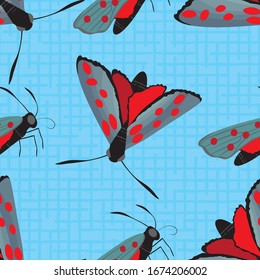 Six spot burnet butterfly seamless vector pattern background. Day flying moth illustration.Scottish coastal insect repeat backdrop. All over print for Scotland summer, wildlife, conservation concept.