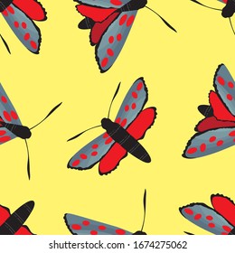 Six spot burnet butterfly seamless vector pattern background. Day flying moth illustration.Scottish coastal insect repeat backdrop. All over print for Scotland summer, wildlife, conservation concept.