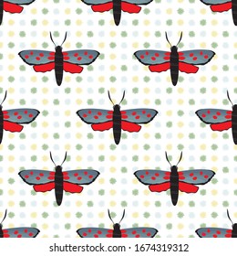 Six spot burnet butterfly seamless vector pattern background. Day flying moth illustration.Scottish coastal insect geometric backdrop.All over print for Scotland summer, wildlife conservation concept.