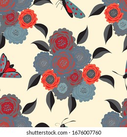 Six spot burnet butterfly seamless vector pattern background. Illustration of day flying moth with bouquet of scabious flower. Scottish insect backdrop. All over print for Scotland wildlife concept