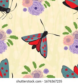 Six spot burnet butterfly seamless vector pattern background. Illustration of day flying moth with bouquet of scabious flower. Scottish insect backdrop. All over print for Scotland wildlife concept