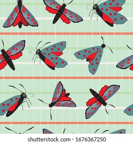 Six spot burnet butterfly seamless vector pattern background. Day flying moth tartan backdrop. Scottish coastal insect illustration. All over print for Scotland summer, wildlife, conservation concept.