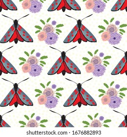 Six spot burnet butterfly seamless vector pattern background. Illustration of day flying moth with bouquet of scabious flower. Scottish insect backdrop. All over print for Scotland wildlife concept