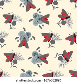 Six spot burnet butterfly seamless vector pattern background. Day flying moth on meadow flower design. Scottish coastal insect backdrop. All over print for Scotland summer vacation,wildlife concept