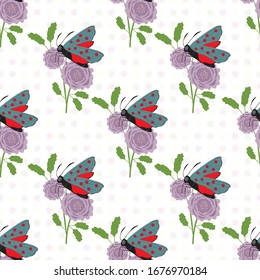 Six spot burnet butterfly seamless vector pattern background. Illustration of day flying moth with bouquet of scabious flower. Scottish insect backdrop. All over print for Scotland wildlife concept