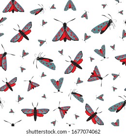 Six spot burnet butterfly seamless vector pattern background. Day flying moth illustration.Scottish coastal insect repeat backdrop. All over print for Scotland summer, wildlife, conservation concept.